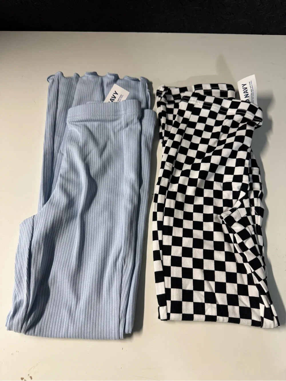 Old Navy Two Leggings: Light Blue Ribbed & Black White Checkered Leggings (New)